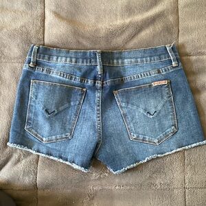 Denim shorts, distressed wash, cutoff style